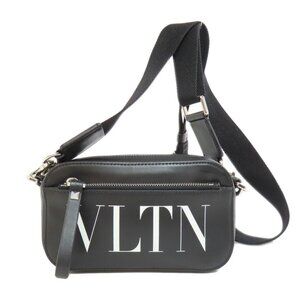 VALENTINO Leather Shoulder Bag Black Gold Logo